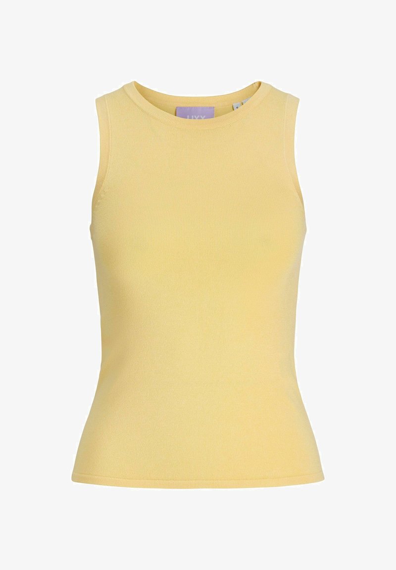 Haut sans manches jaune avec une texture côtelée et un col rond, présentant un design ajusté pour une silhouette près du corps.