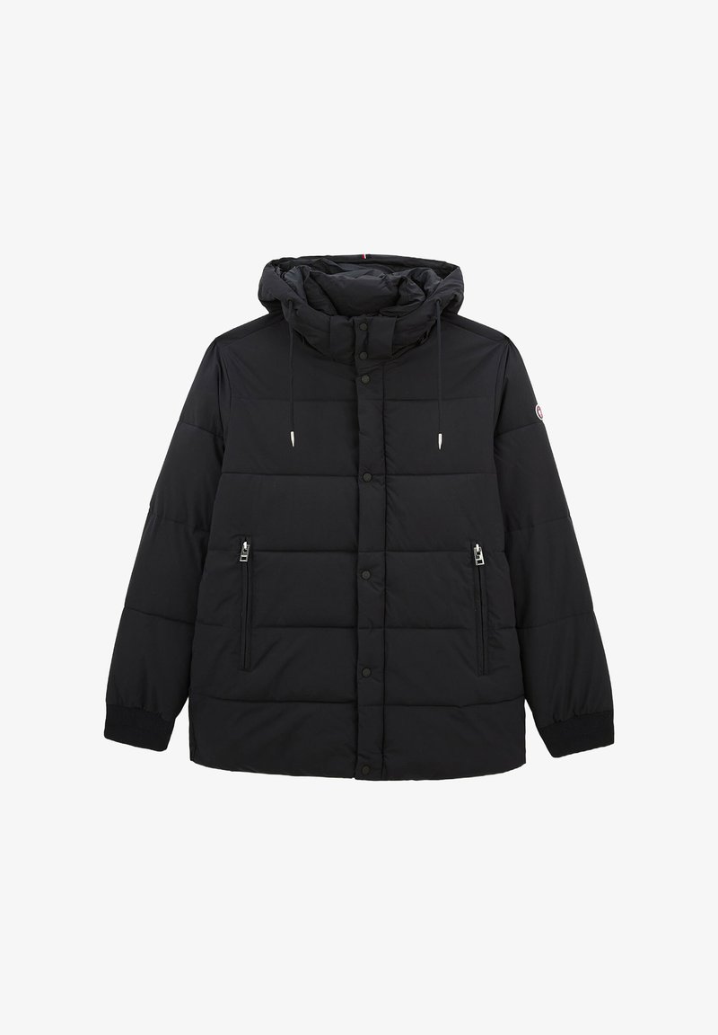 Doudoune matelassée noire avec capuche, fermeture éclair frontale et boutons-pression, poches latérales zippées et cordons à la capuche.
