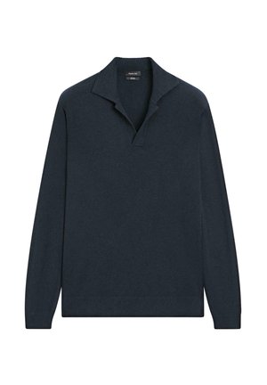 Donkerblauwe trui met wijde kraag, lange mouwen en geribbelde boorden en zoom. Gemaakt van zacht gebreid materiaal met een gladde textuur.