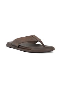 Brown leather flip-flop with a thong strap design and a padded footbed. The outsole is textured for grip, featuring a low-profile silhouette.