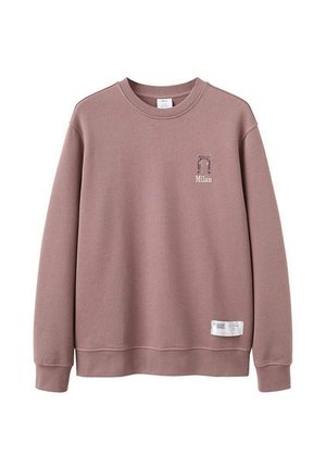 Pink sweatshirt with a crew neck, featuring a small "Milan" graphic and an arch design. Made of soft fabric, with ribbed cuffs and hem.