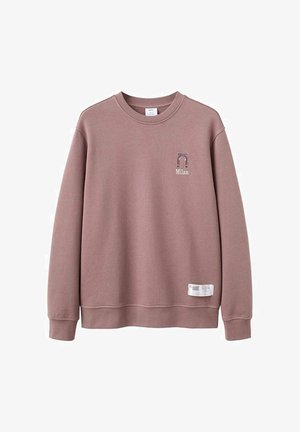 Różowa bluza z okrągłym dekoltem, z małą grafiką "Milan" i łukowym wzorem. Wykonana z miękkiej tkaniny, z ściągaczami na rękawach i u dołu.