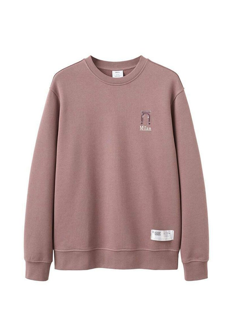 Rosa Sweatshirt mit Rundhalsausschnitt, mit kleinem "Milan"-Grafik und einem Bogenmotiv. Hergestellt aus weichem Stoff, mit gerippten Bündchen und Saum.