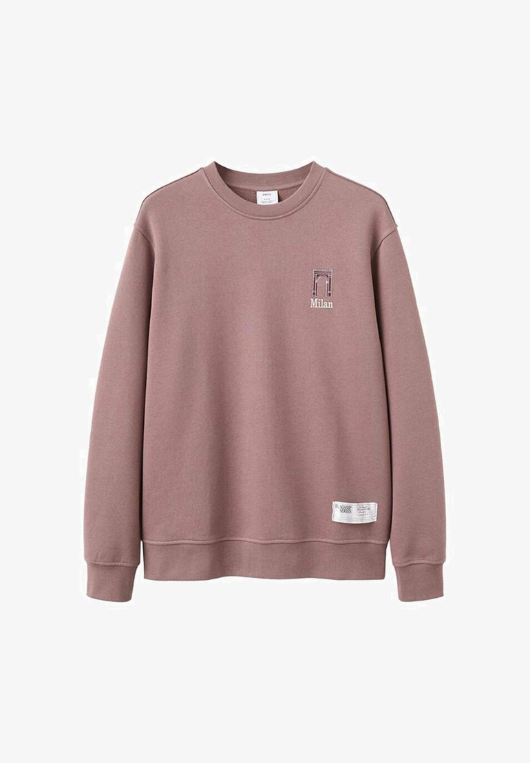 Rosa Sweatshirt mit Rundhalsausschnitt, mit kleinem "Milan"-Grafik und einem Bogenmotiv. Hergestellt aus weichem Stoff, mit gerippten Bündchen und Saum.
