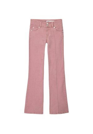 Lyserøde flared jeans med fem lomme-design, der har lys syning og sølv hardware til lukning. Blødt stof med en glat overflade.