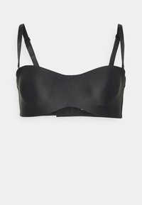 Black strapless bra with smooth, matte texture, soft contours, and adjustable straps; features a secure back closure.