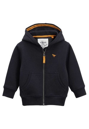 Sweat à capuche zippé bleu marine pour tout-petit avec doublure orange, poches avant et petite broderie orange d'un dinosaure sur la poitrine.