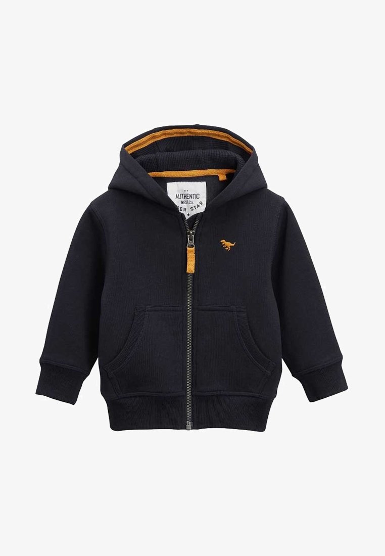 Sweat à capuche zippé bleu marine pour tout-petit avec doublure orange, poches avant et petite broderie orange d'un dinosaure sur la poitrine.