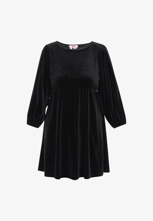 Must mustkleed pikkade, volangustega varrukatega ja ümarate kraega; istuv vöökoht ja laienev seelikuosa, millel on sile tekstuur.