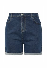 Jeansshorts i mörkblått med uppvikt fåll, femfickorsdesign och metallknappstängning. Tyget är slätt med lätt textur.
