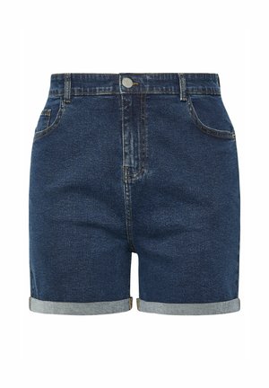 Denim shorts in een donkerblauwe kleur met een opgerolde zoom, vijf-pocket ontwerp en metalen knoopsluiting. De stof is glad met een lichte textuur.