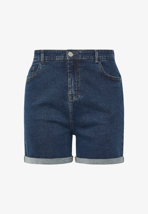 Denim shorts in een donkerblauwe kleur met een opgerolde zoom, vijf-pocket ontwerp en metalen knoopsluiting. De stof is glad met een lichte textuur.