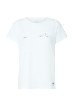 Weißes T-Shirt mit kurzen Ärmeln und einer minimalistischen schwarzen Linienzeichnung von Bergen sowie dem Schriftzug „Abenteuer wartet da draußen“ auf der Brust.