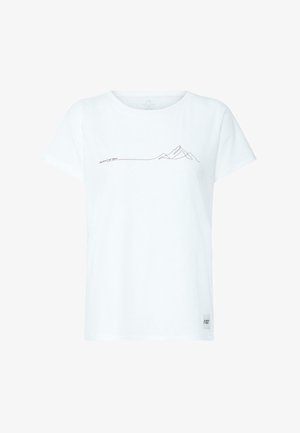 Weißes T-Shirt mit kurzen Ärmeln und einer minimalistischen schwarzen Linienzeichnung von Bergen sowie dem Schriftzug „Abenteuer wartet da draußen“ auf der Brust.