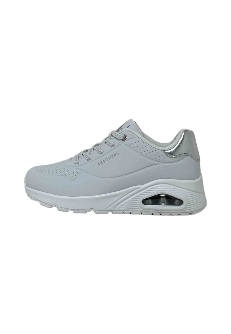 Light gray Skechers sneaker featuring a smooth upper, perforated detailing, reflective accents, and a cushioned sole with visible air unit.