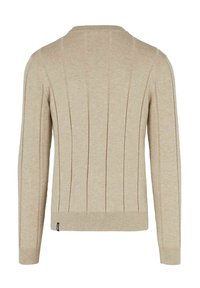 Beige gebreide trui met verticale ribbelstructuur, ronde halslijn en lange mouwen. Voorzien van een aangesloten zoom en manchetten.