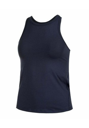 Canottiera senza maniche blu navy con scollatura rotonda, realizzata in tessuto morbido, caratterizzata da un design semplice e aderente con dettagli di cucitura minimi.