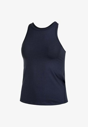 Marineblauwe mouwloze tanktop met een ronde halslijn, gemaakt van gladde stof, met een eenvoudig, aansluitend ontwerp en minimale stikdetails.