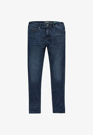 Donkerblauwe denim jeans met een slim fit, voorzien van een knoopsluiting, riemlussen en voorzakken. Gladde textuur met lichte vervaging.