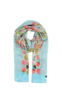 Lichte, doorschijnende turquoise sjaal met een fruitpatroon van roze en gele aardbeien, verfraaid met groene bladeren. Randen zijn zacht afgewerkt.