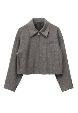 Gray cropped jacket with long sleeves, large collar, front zipper, and a single horizontal chest pocket.