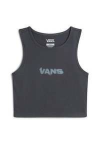 Dark gray cropped tank top made of cotton blend, featuring a large faded "VANS" logo in the center. Smooth texture, sleeveless design.