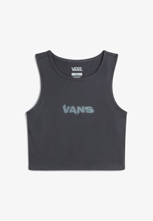Top corto grigio scuro in cotone misto, con un grande logo "VANS" sbiadito al centro. Tessuto liscio, design senza maniche.
