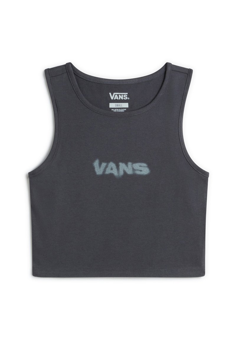 Dark gray cropped tank top made of cotton blend, featuring a large faded "VANS" logo in the center. Smooth texture, sleeveless design.