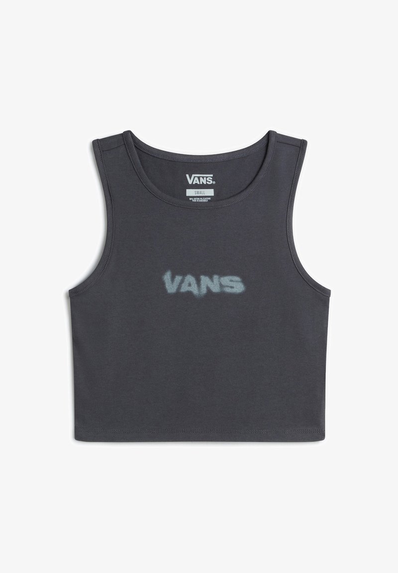 Dark gray cropped tank top made of cotton blend, featuring a large faded "VANS" logo in the center. Smooth texture, sleeveless design.