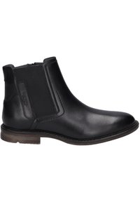 Černé kožené Chelsea boty s elastickými bočními panely, kulatou špičkou a nízkým vrstveným podpatkem. Minimalistické švy po stranách.
