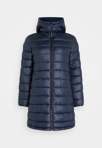 Mörkblå puffjacka med huva, med frontdragkedja, quiltat mönster och slät yta. Längden är medellång och passformen är rak.