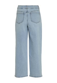 Jeans de mezclilla azul claro con un diseño de pierna ancha, dobladillo terminado y dos bolsillos en la parte trasera. Textura suave con un diseño clásico de cinco bolsillos.