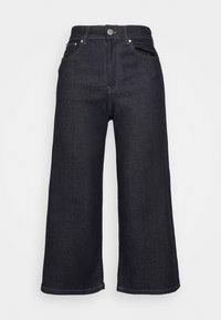 Tmavé denimové kalhoty s širokými nohavicemi a vysokým pasem, se stříbrným kovovým knoflíkem a klasickým designem pěti kapes. Hladký povrch a rovný střih na lemu.