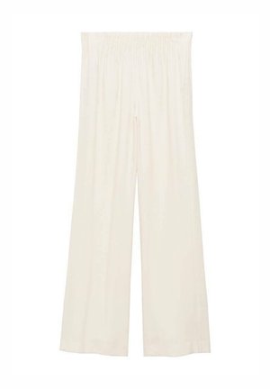 Pantaloni larghi color crema con vita elastica, realizzati in un tessuto liscio e leggero; presentano una vestibilità comoda e una texture semplice.
