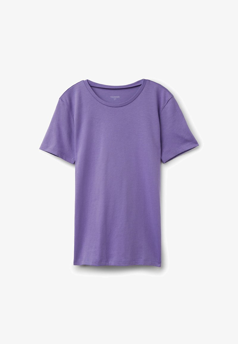 Fialové tričko s krátkým rukávem vyrobené z měkké bavlny, s kulatým výstřihem a klasickým volným střihem. Minimalistický design bez vzorů.