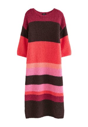 Pletené šaty s širokými pruhy v odstínech červené, růžové a hnědé. Nadměrný střih, kulatý výstřih a rukávy do loktů. Měkká textura.