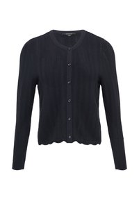 Czarny kardigan z falowanym wzorem, długimi rękawami, okrągłym dekoltem i zapięciem na pięć guzików. Falbaniasty dół dodaje dekoracyjny akcent.