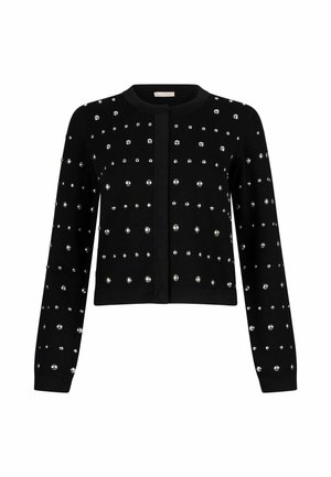 Cardigan noir à manches longues avec encolure ronde, orné de clous argentés brillants uniformément espacés sur le devant, les manches et les épaules.