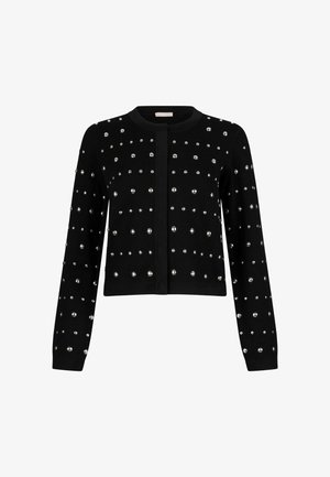 Cardigan noir à manches longues avec encolure ronde, orné de clous argentés brillants uniformément espacés sur le devant, les manches et les épaules.