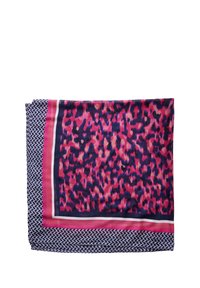 Foulard di seta con un vivace motivo leopardato rosa e viola, con un bordo blu navale, impreziosito da motivi geometrici su un lato.