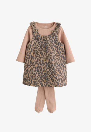 Body beige de manga larga acanalado con medias integradas y un vestido sin mangas con botones, estampado de leopardo y tirantes fruncidos.