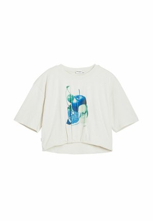 T-shirt cropped de couleur crème en coton, présentant un design graphique de fruits colorés dans des nuances de bleu et de vert. Manches courtes.