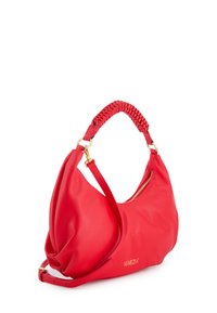 Rote Lederhandtasche mit strukturiertem Finish, einem geflochtenen Obergriff und einem abnehmbaren Trageriemen. Verfügt über einen Reißverschluss und goldfarbene Hardware-Akzente.