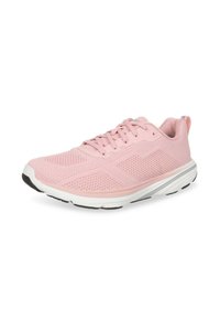 Scarpe da ginnastica rosa chiaro con tomaia in rete, design strutturato, suola intermedia bianca e suola esterna in gomma nera. Presentano un sistema di allacciatura frontale e un tab sul tallone.