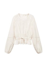 Blusa bianca a maniche lunghe con vita raccolta. Presenta un tessuto testurizzato con motivi sottili e un collo rotondo con chiusura a bottoni sul retro.