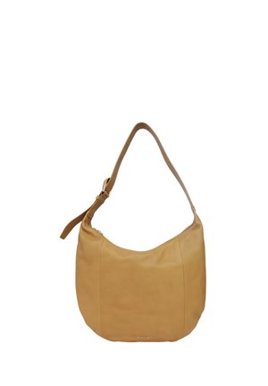 Borsa a tracolla in pelle color cuoio con tracolla regolabile e chiusura con cerniera, forma morbida e arrotondata, piccolo logo del marchio vicino alla parte inferiore centrale.