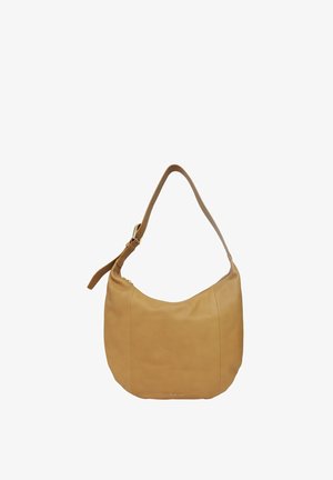 Borsa a tracolla in pelle color cuoio con tracolla regolabile e chiusura con cerniera, forma morbida e arrotondata, piccolo logo del marchio vicino alla parte inferiore centrale.