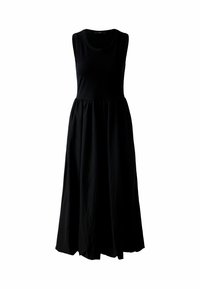 Schwarzes, ärmelloses Maxikleid aus glattem Stoff. Ein tailliertes Oberteil geht in einen geräumigen, gerafften Rock über und hat einen runden Ausschnitt.