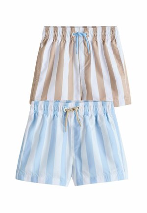 To par stribede badeshorts, den ene beige og hvid med blå snøre, den anden blå og hvid med beige snøre, elastiske taljebånd.