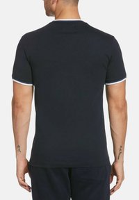 Navy blue short-sleeve t-shirt with contrasting white trim on the collar and sleeves; smooth fabric and classic fit.